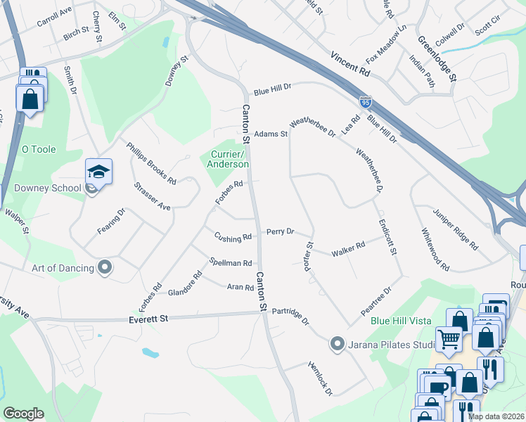 map of restaurants, bars, coffee shops, grocery stores, and more near 304 Canton Street in Westwood
