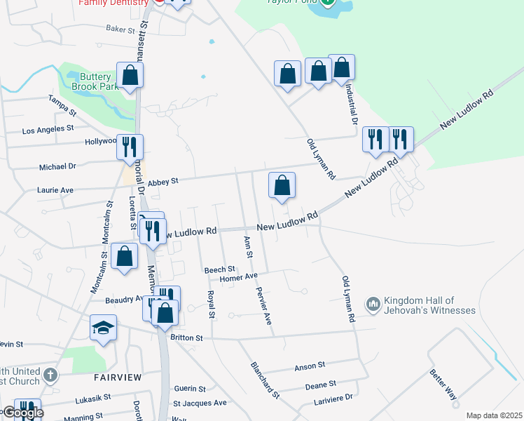 map of restaurants, bars, coffee shops, grocery stores, and more near 404 New Ludlow Road in Chicopee