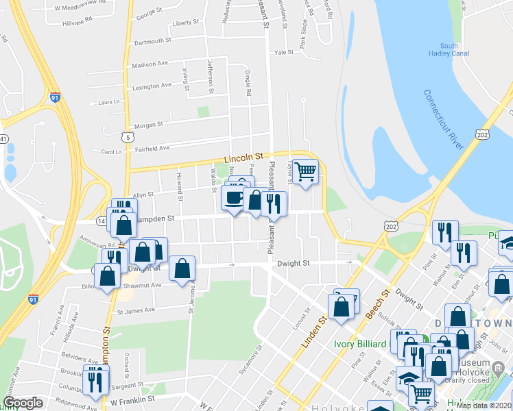 map of restaurants, bars, coffee shops, grocery stores, and more near 856 Hampden Street in Holyoke