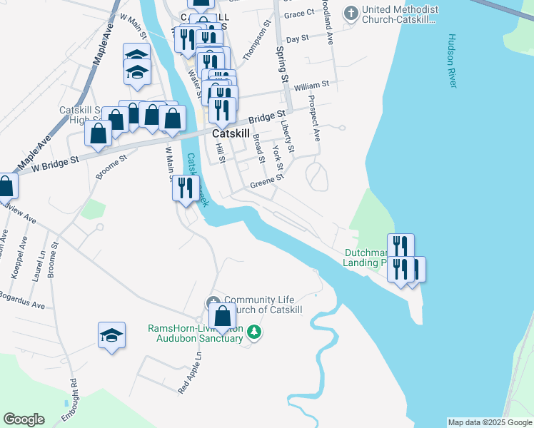 map of restaurants, bars, coffee shops, grocery stores, and more near 12 Greene Street in Catskill