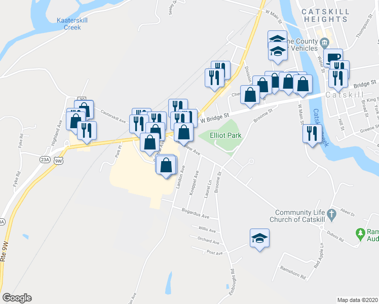 map of restaurants, bars, coffee shops, grocery stores, and more near 11 Landon Avenue in Catskill