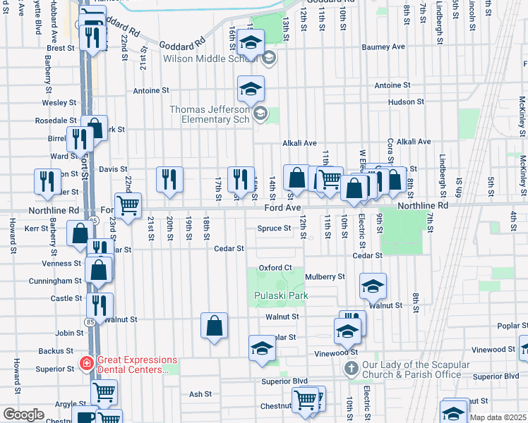 map of restaurants, bars, coffee shops, grocery stores, and more near 1346 Spruce Street in Wyandotte