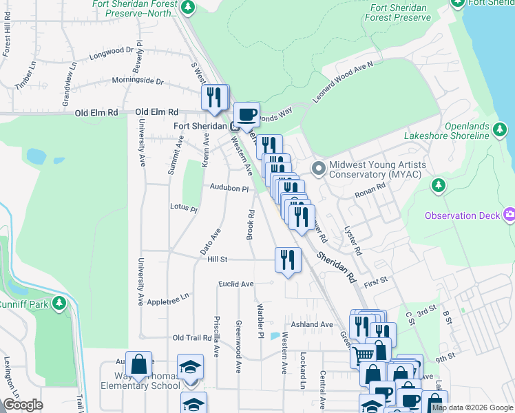 map of restaurants, bars, coffee shops, grocery stores, and more near 3328 Western Avenue in Highland Park