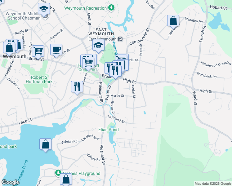 map of restaurants, bars, coffee shops, grocery stores, and more near 1439 Commercial Street in Weymouth