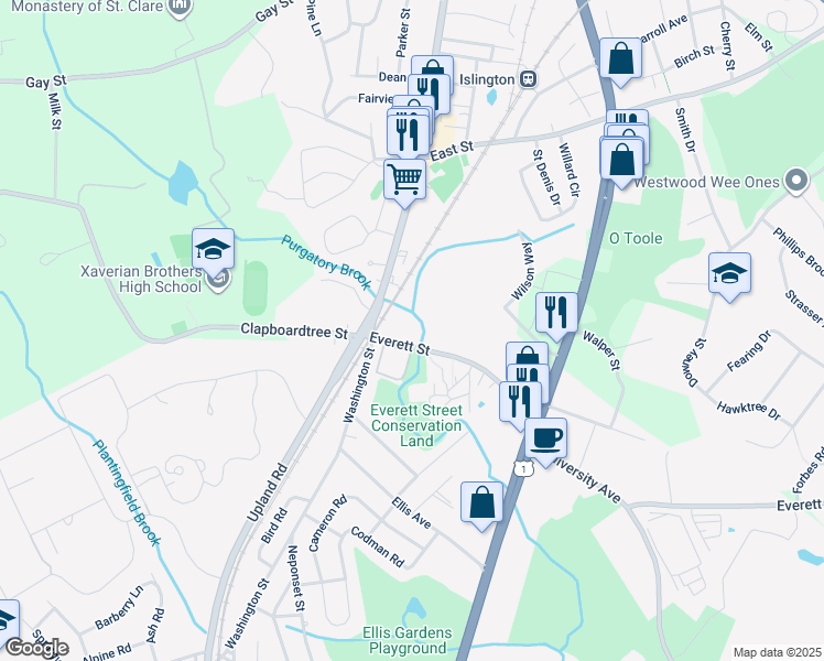 map of restaurants, bars, coffee shops, grocery stores, and more near 22 Everett Street in Westwood