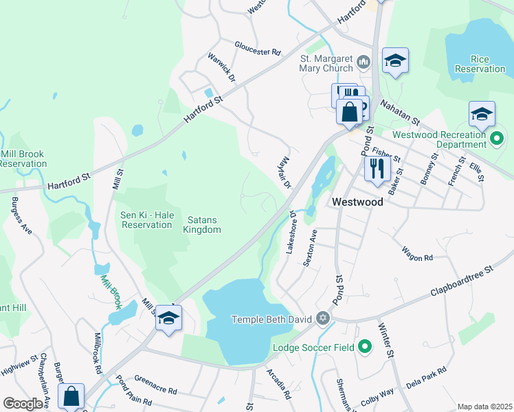 map of restaurants, bars, coffee shops, grocery stores, and more near 1123 Highland Glen Road in Westwood