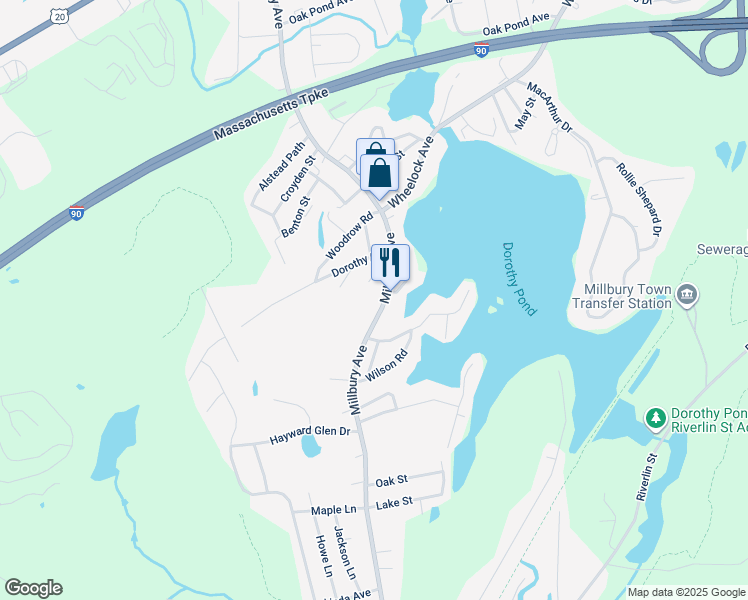 map of restaurants, bars, coffee shops, grocery stores, and more near 201 Millbury Avenue in Millbury