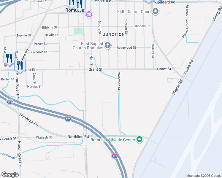 map of restaurants, bars, coffee shops, grocery stores, and more near 12000-12392 Wahrman Street in Romulus