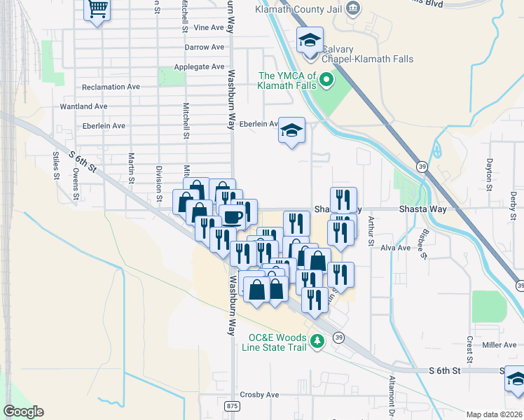 map of restaurants, bars, coffee shops, grocery stores, and more near 2747 Shasta Way in Klamath Falls