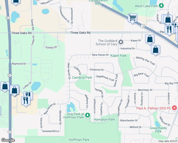 map of restaurants, bars, coffee shops, grocery stores, and more near 393 Geneva Lane in Cary