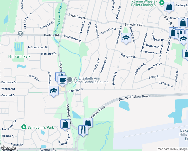 map of restaurants, bars, coffee shops, grocery stores, and more near 949 Yorkshire Lane in Crystal Lake