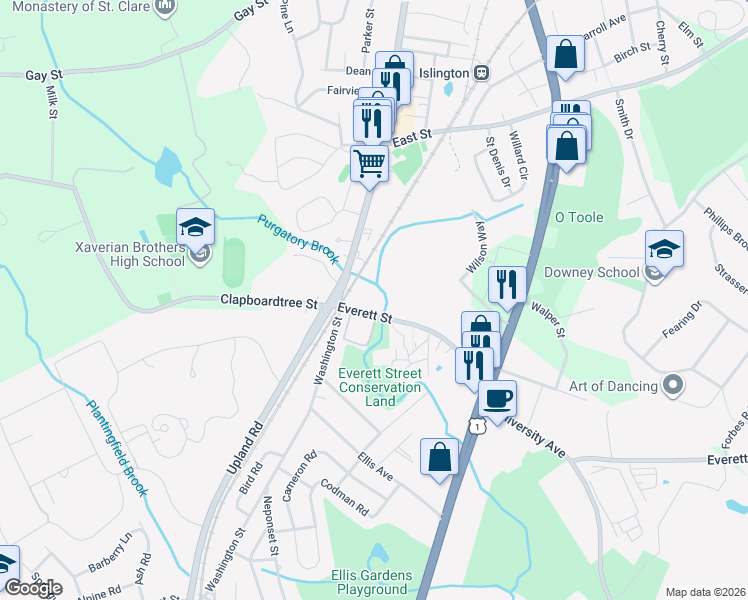 map of restaurants, bars, coffee shops, grocery stores, and more near 22 Everett Street in Westwood