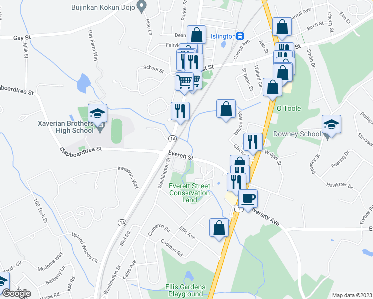 map of restaurants, bars, coffee shops, grocery stores, and more near 22 Everett Street in Westwood