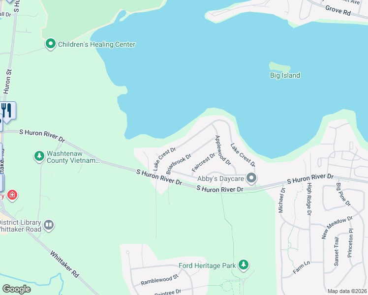 map of restaurants, bars, coffee shops, grocery stores, and more near 7922 Lake Crest Drive in Ypsilanti