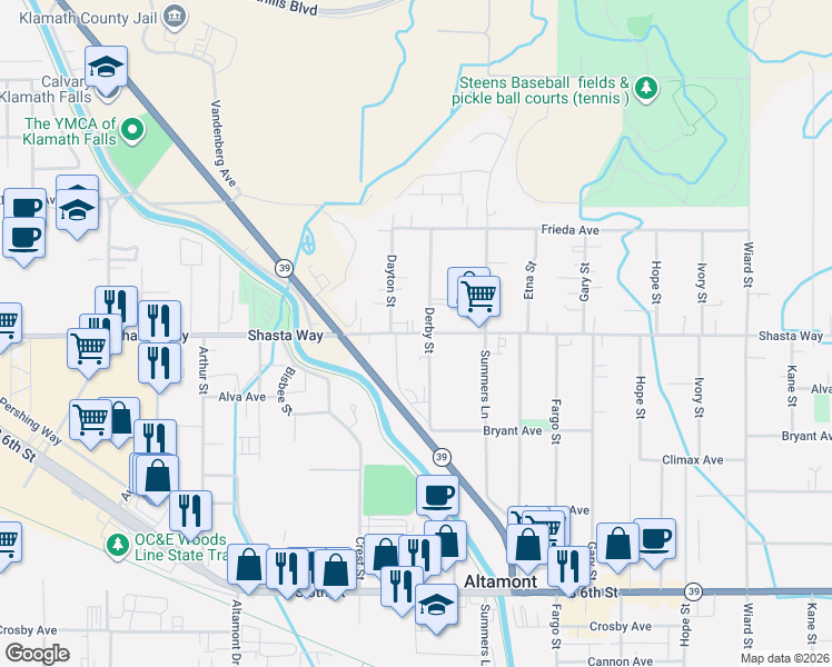 map of restaurants, bars, coffee shops, grocery stores, and more near 1628 Derby Street in Klamath Falls