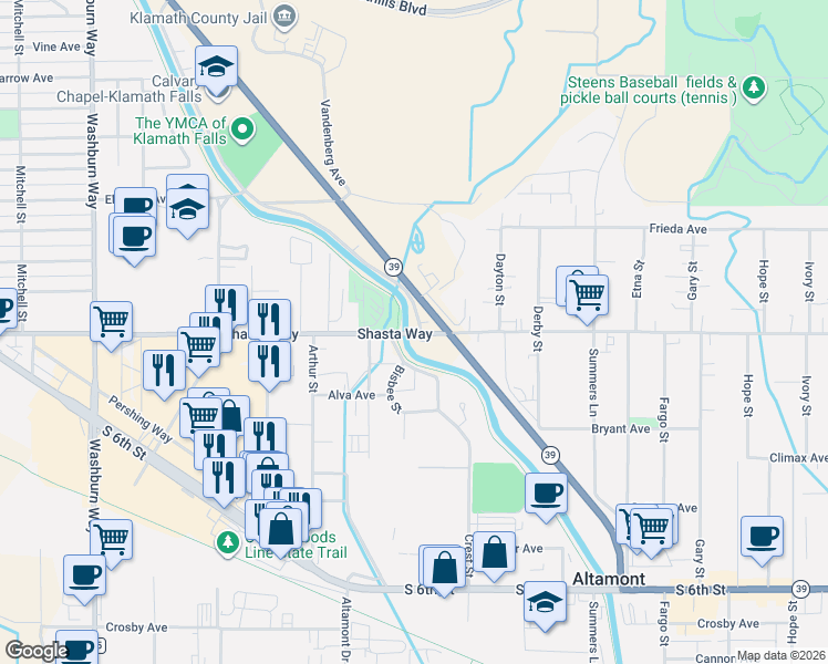 map of restaurants, bars, coffee shops, grocery stores, and more near 1455-1499 South Alameda Avenue in Klamath Falls
