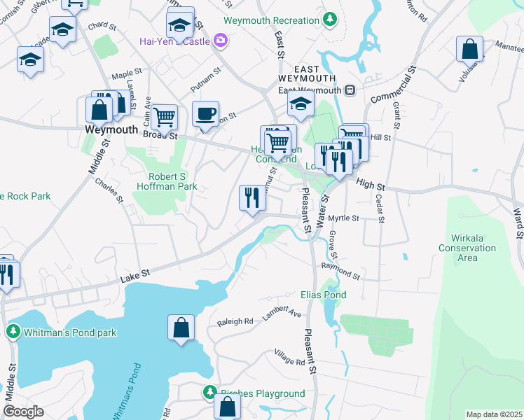map of restaurants, bars, coffee shops, grocery stores, and more near 48 Shawmut Street in Weymouth