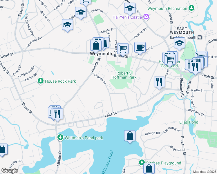 map of restaurants, bars, coffee shops, grocery stores, and more near 41 Charles Street in Weymouth