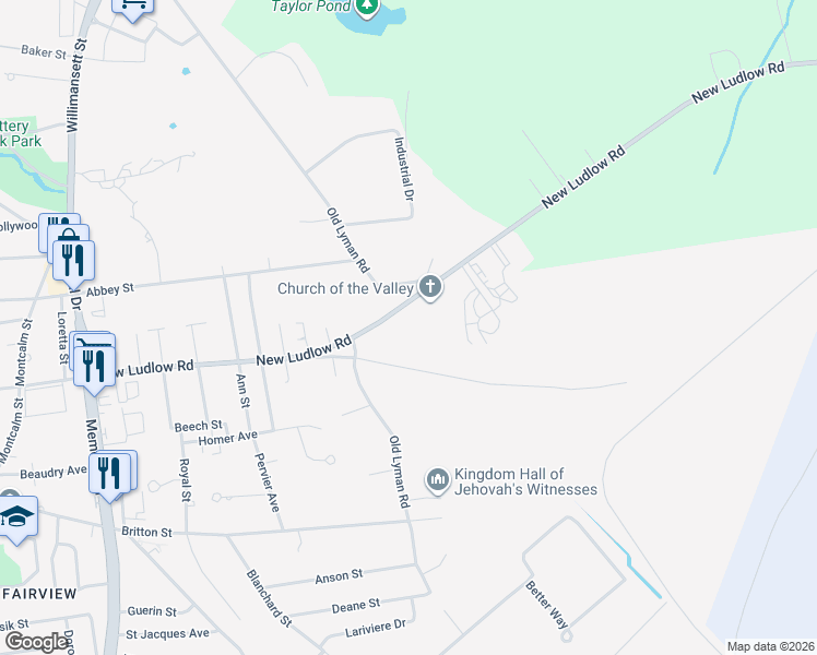 map of restaurants, bars, coffee shops, grocery stores, and more near 583 New Ludlow Road in Chicopee
