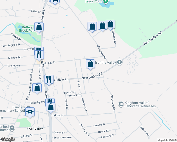 map of restaurants, bars, coffee shops, grocery stores, and more near 198 Winthrop St in Chicopee