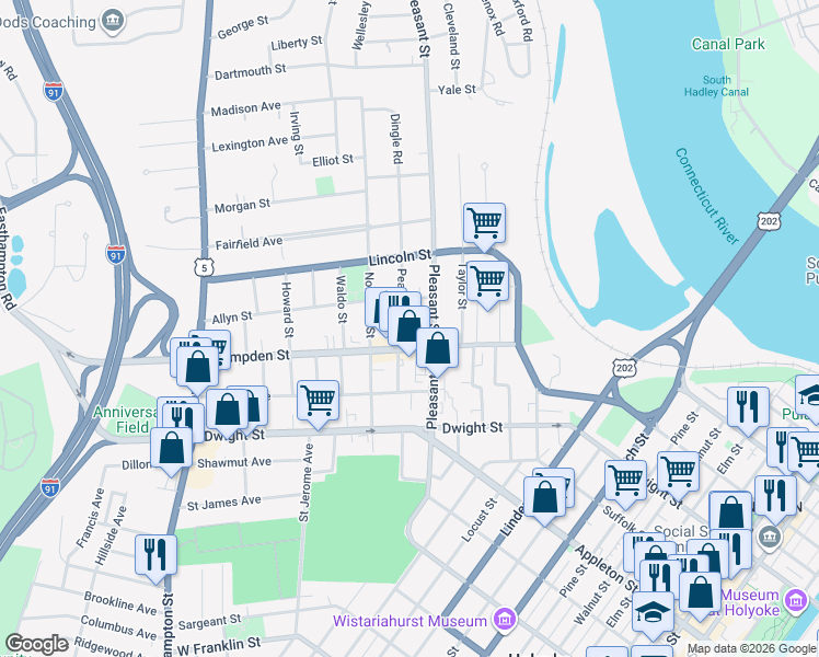 map of restaurants, bars, coffee shops, grocery stores, and more near 22 Allyn Street in Holyoke
