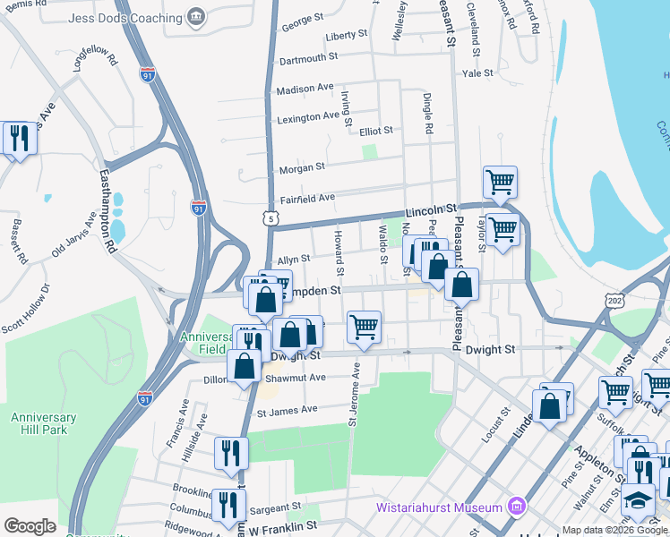 map of restaurants, bars, coffee shops, grocery stores, and more near 169 Allyn Street in Holyoke