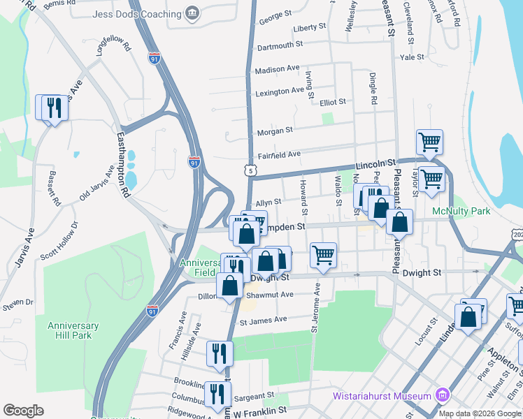 map of restaurants, bars, coffee shops, grocery stores, and more near 203 Allyn Street in Holyoke
