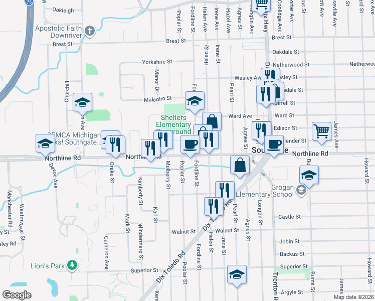 map of restaurants, bars, coffee shops, grocery stores, and more near 14536 Northline Road in Southgate