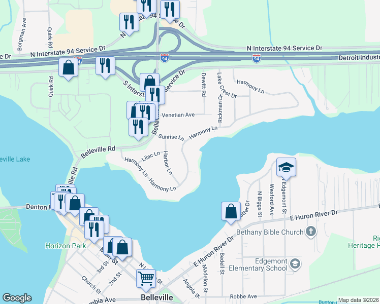 map of restaurants, bars, coffee shops, grocery stores, and more near 45221 Harmony Lane in Belleville