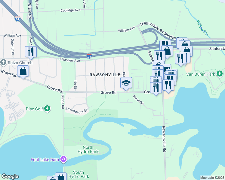 map of restaurants, bars, coffee shops, grocery stores, and more near 2157 McGregor Avenue in Ypsilanti