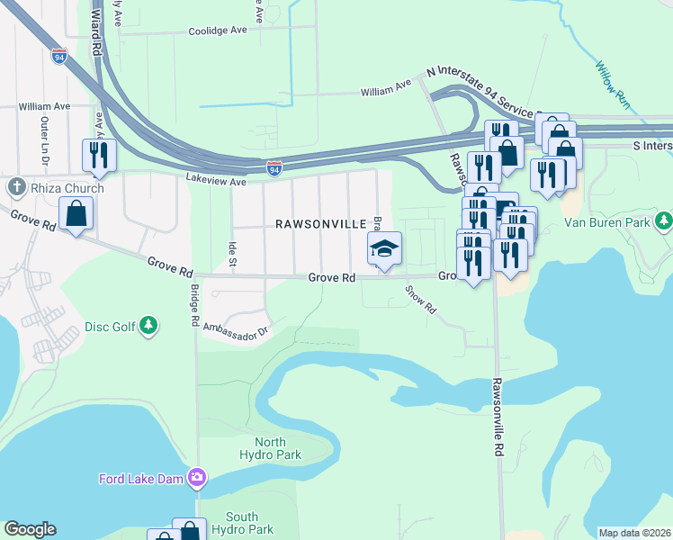 map of restaurants, bars, coffee shops, grocery stores, and more near 2157 McGregor Avenue in Ypsilanti