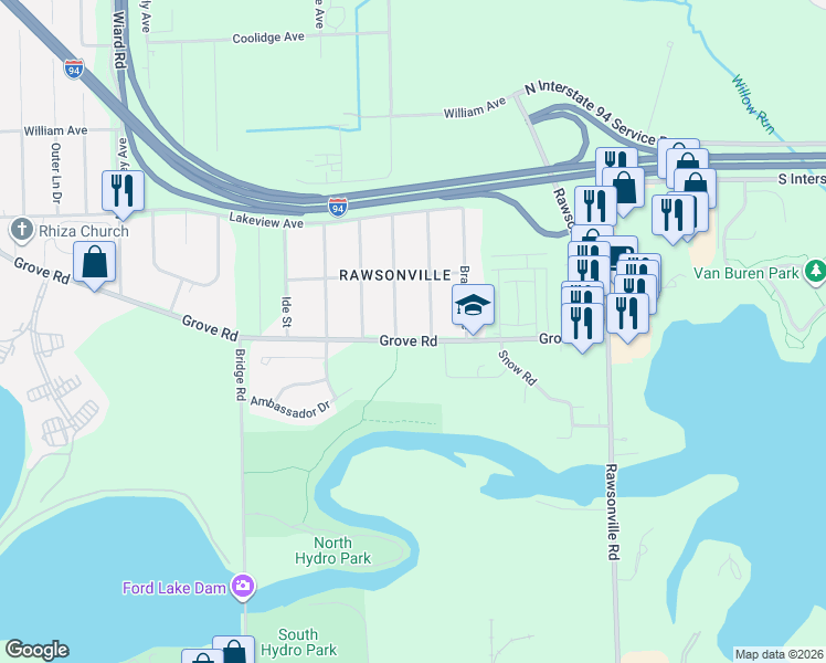 map of restaurants, bars, coffee shops, grocery stores, and more near 2157 McGregor Avenue in Ypsilanti