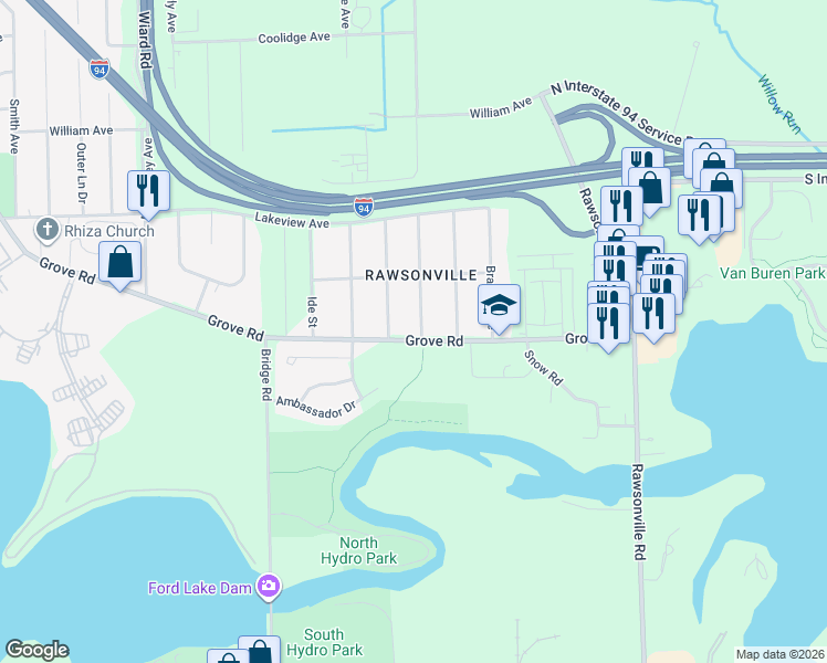 map of restaurants, bars, coffee shops, grocery stores, and more near 2157 McGregor Avenue in Ypsilanti