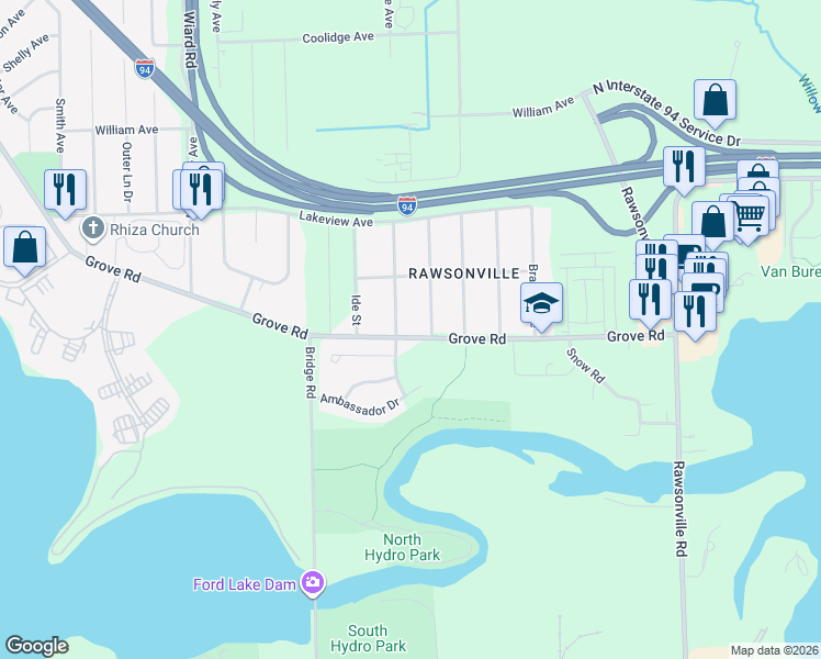map of restaurants, bars, coffee shops, grocery stores, and more near 2150 Woodale Avenue in Ypsilanti