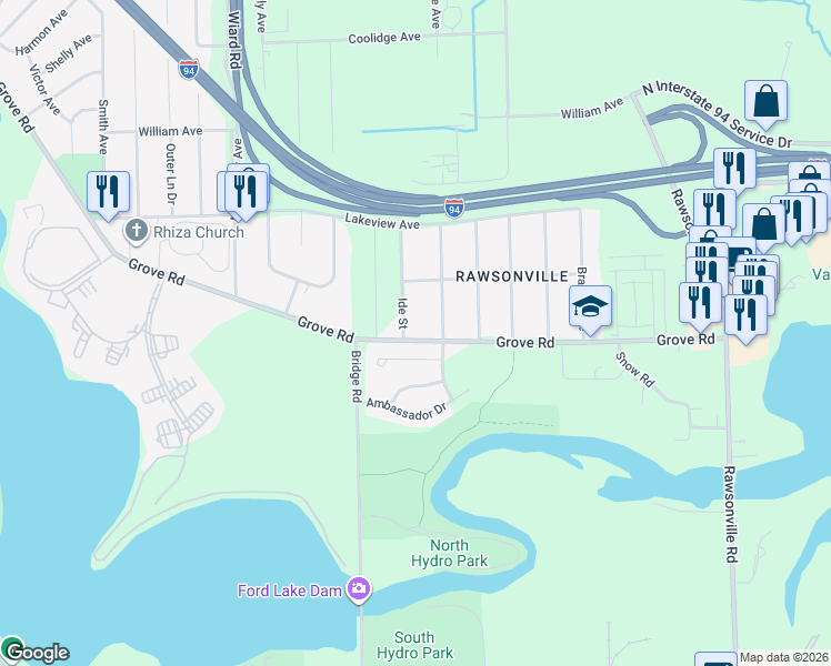 map of restaurants, bars, coffee shops, grocery stores, and more near 2121 Ide Street in Ypsilanti