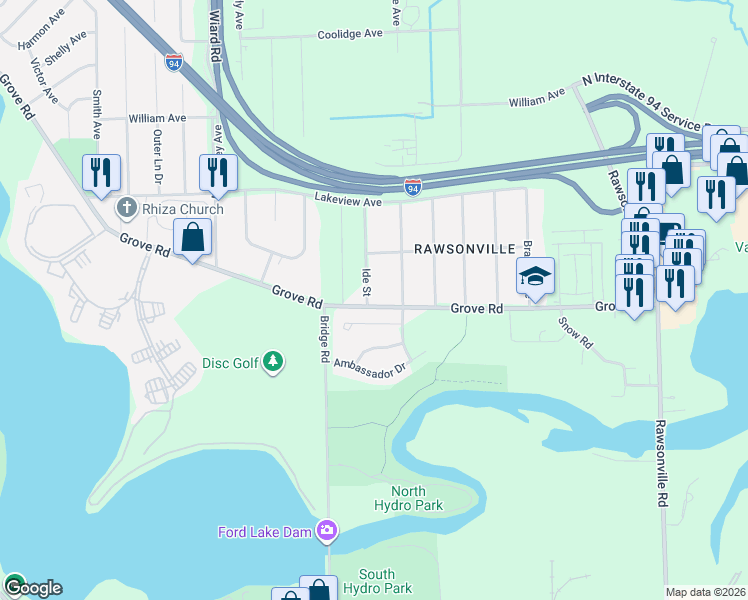 map of restaurants, bars, coffee shops, grocery stores, and more near 2121 Ide Street in Ypsilanti