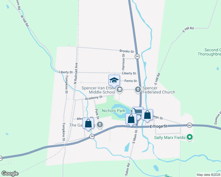 map of restaurants, bars, coffee shops, grocery stores, and more near 20 Nichols St in Spencer