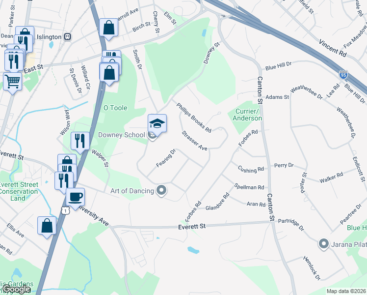 map of restaurants, bars, coffee shops, grocery stores, and more near 53 Strasser Avenue in Westwood