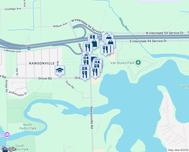 map of restaurants, bars, coffee shops, grocery stores, and more near 2193 Rawsonville Road in Belleville
