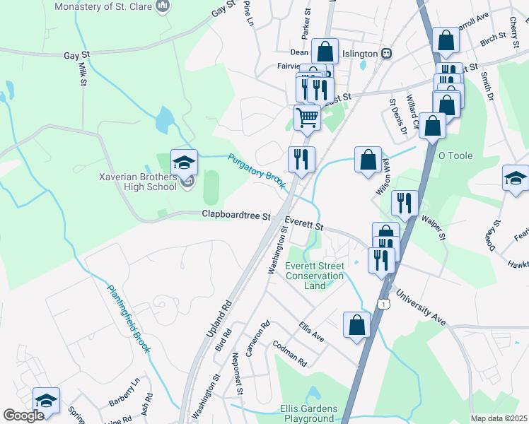 map of restaurants, bars, coffee shops, grocery stores, and more near 928 Clapboardtree Street in Westwood
