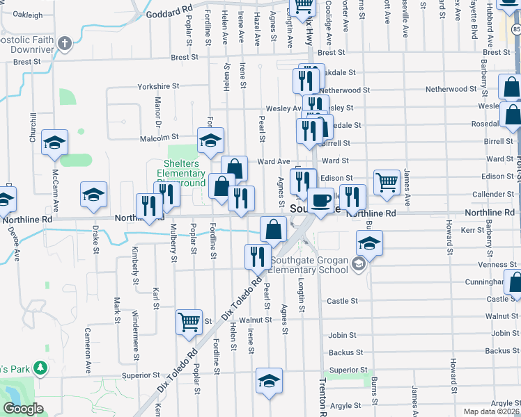 map of restaurants, bars, coffee shops, grocery stores, and more near 12785 Irene Street in Southgate