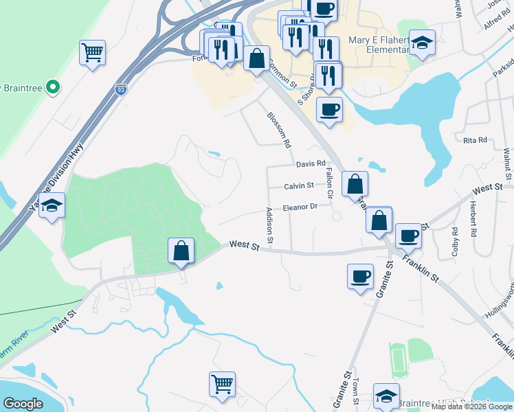 map of restaurants, bars, coffee shops, grocery stores, and more near 74 Addison Street in Braintree