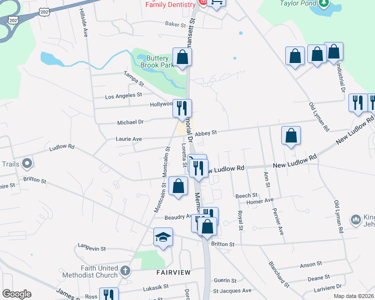map of restaurants, bars, coffee shops, grocery stores, and more near 2066 Memorial Drive in South Hadley