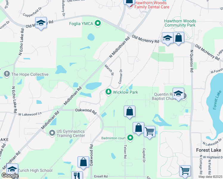 map of restaurants, bars, coffee shops, grocery stores, and more near 988 Cormar Drive in Lake Zurich