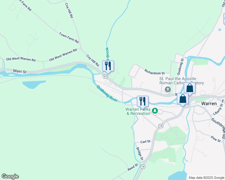 map of restaurants, bars, coffee shops, grocery stores, and more near 44 Mill Street in Warren