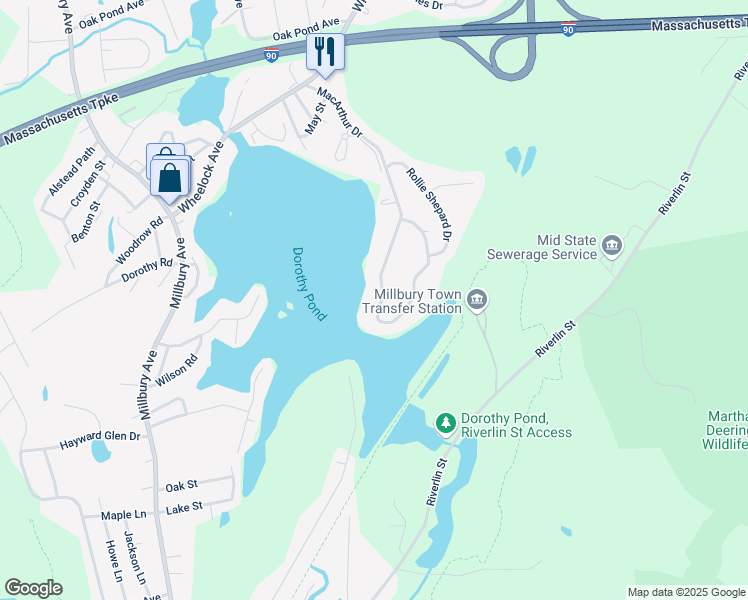 map of restaurants, bars, coffee shops, grocery stores, and more near 86 MacArthur Drive in Millbury