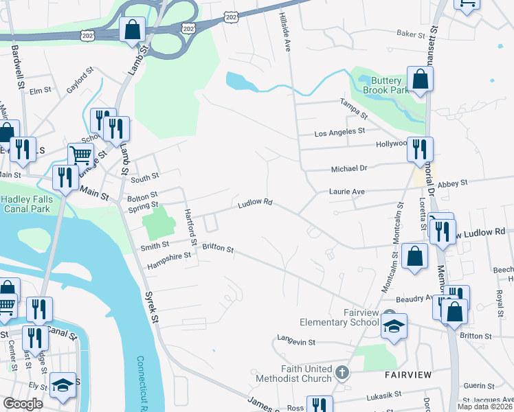 map of restaurants, bars, coffee shops, grocery stores, and more near 42 Ludlow Road in South Hadley