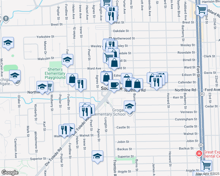 map of restaurants, bars, coffee shops, grocery stores, and more near in Southgate