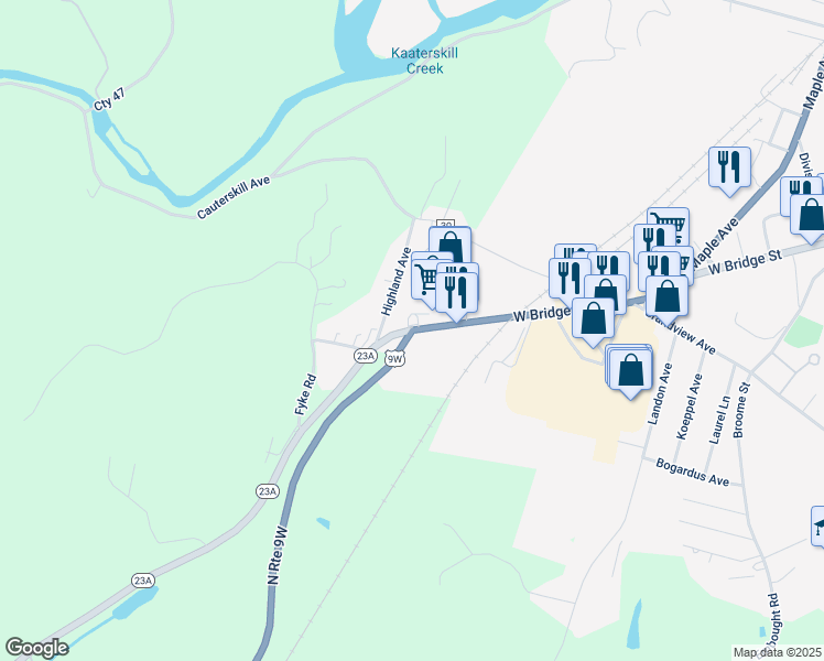 map of restaurants, bars, coffee shops, grocery stores, and more near New York 23A in Catskill