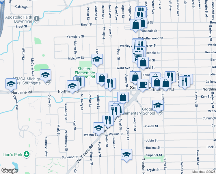 map of restaurants, bars, coffee shops, grocery stores, and more near 12781 Helen Street in Southgate